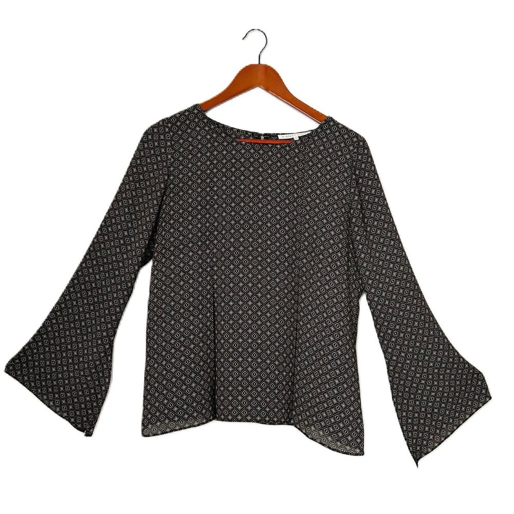 Violet + Claire Blouse Women S Black Tan Geometric Pleats Flowy Office Cottage